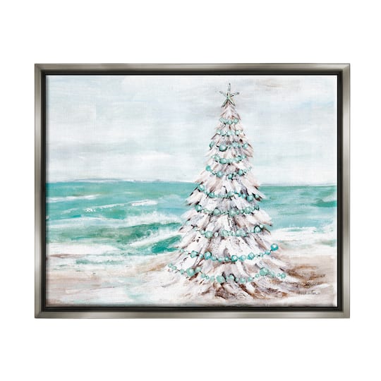 Stupell Industries Snowy Christmas Tree Beach Shore Framed Floater Canvas Wall Art